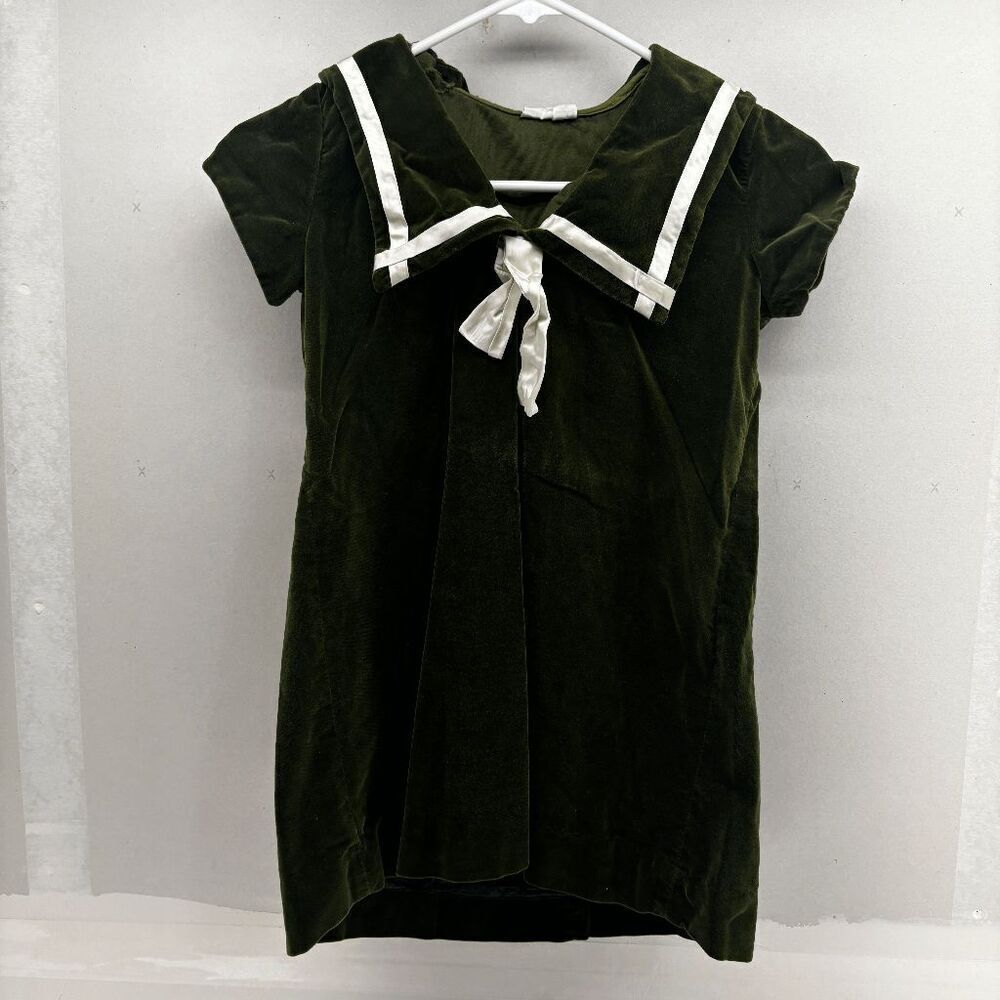 vintage 60s It Must Be Love Green Velvet Dress Cream Tie Design Bow Mod Size 7-8